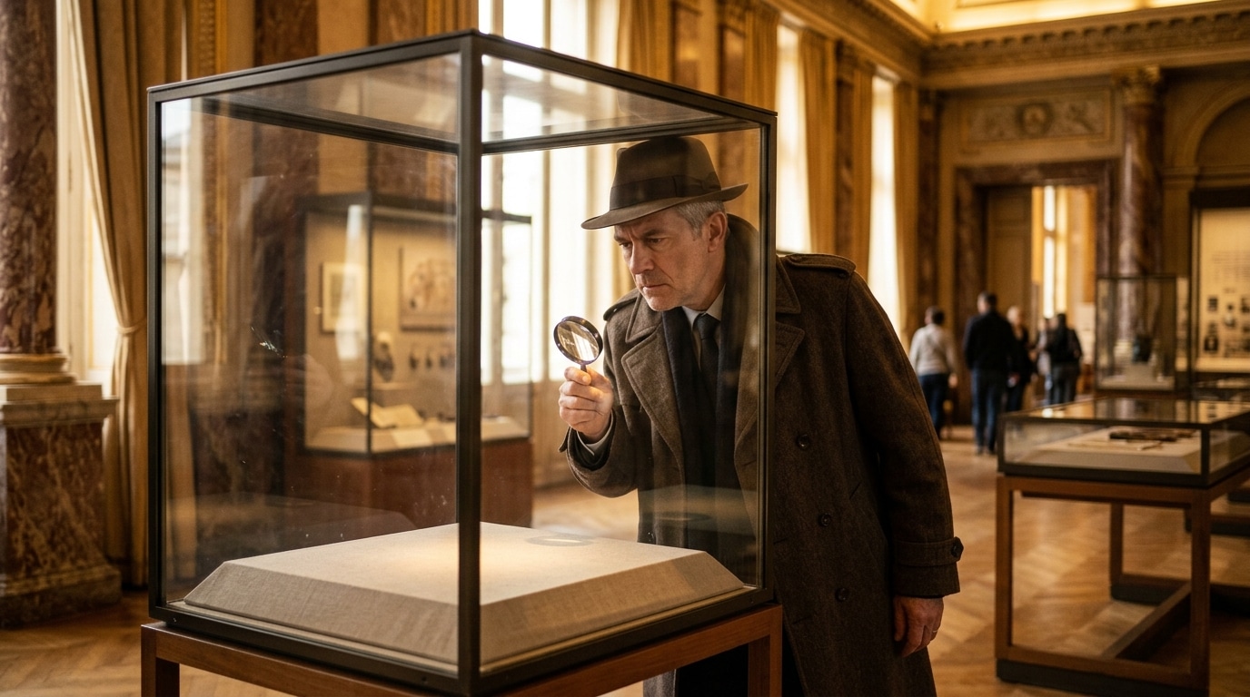 Enquêteur examinant une vitrine vide dans un musée