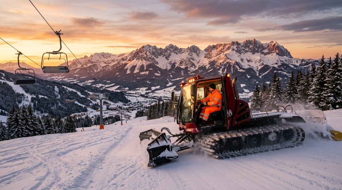 Dameuse à l'œuvre au coucher du soleil sur les pistes