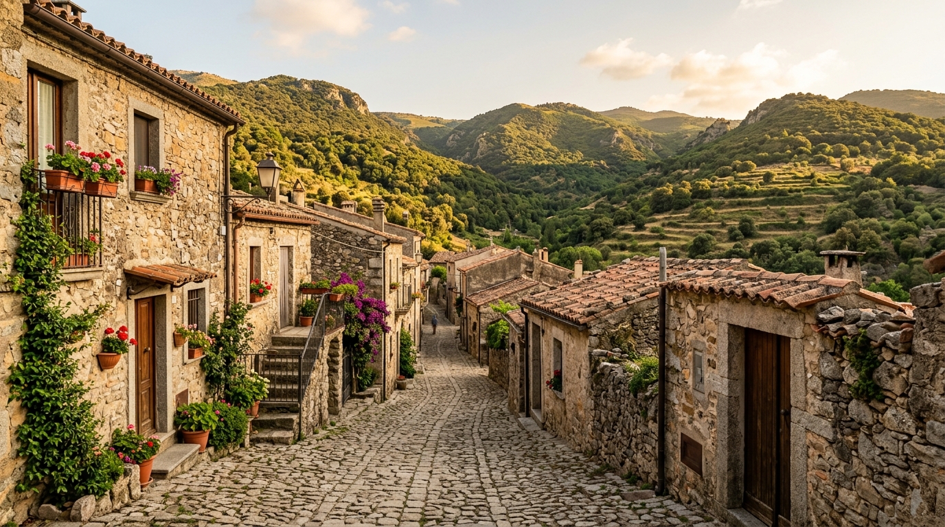 Ruelle pavée d'un village de montagne sarde au soleil