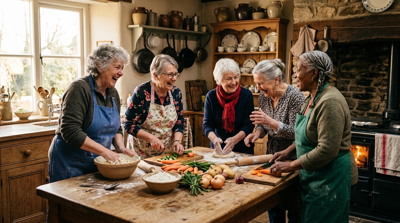 Femmes âgées cuisinant ensemble autour d'une table rustique