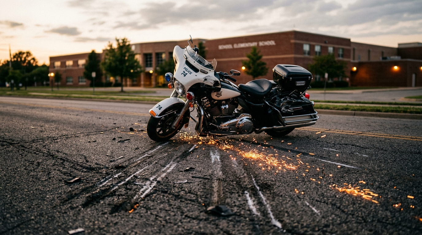 Moto de police couchée sur la chaussée avec traces de glissade