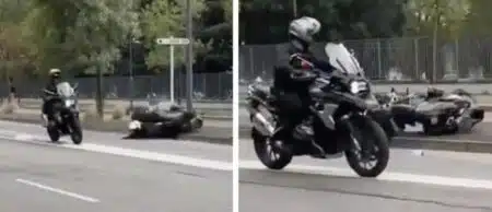 Dans un jet d'étincelles, ce motard de la police chute lourdement devant un lycée de Toulouse en plein blocage