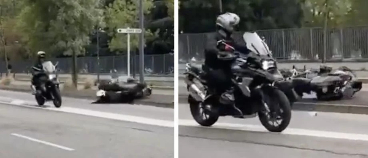 Dans un jet d'étincelles, ce motard de la police chute lourdement devant un lycée de Toulouse en plein blocage