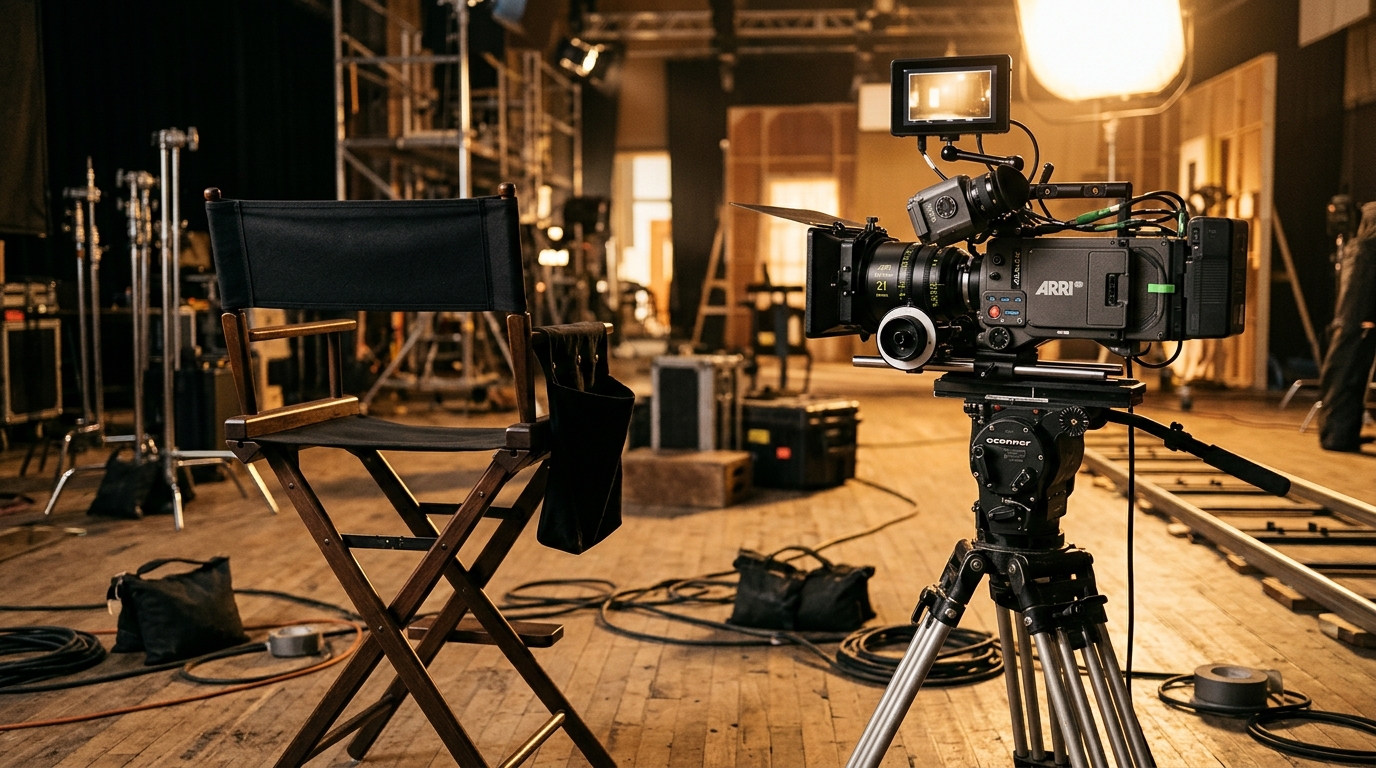 Chaise de réalisateur vide à côté d'une caméra sur un plateau de tournage