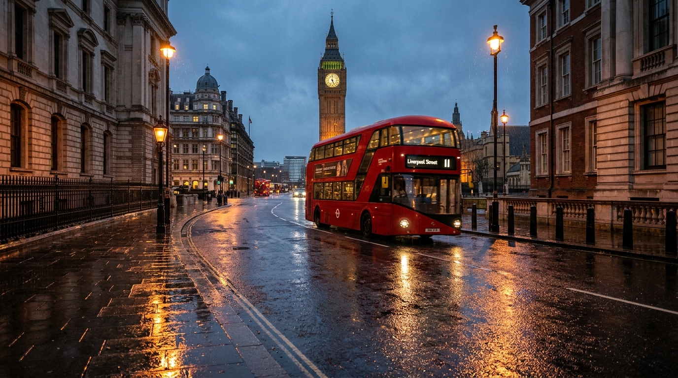 Rue de Londres sous la pluie au crépuscule avec un bus rouge à impériale