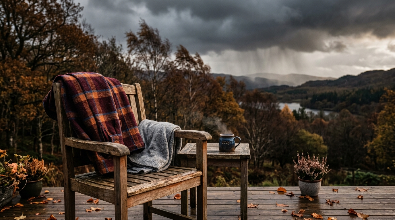 Fauteuil de terrasse, veste de laine et mug fumant sous un ciel d'orage