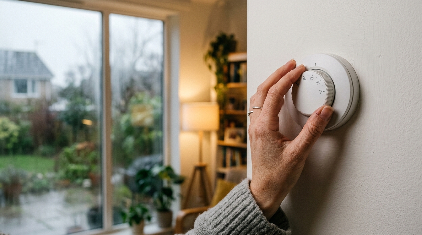 Main réglant un thermostat devant une fenêtre embuée
