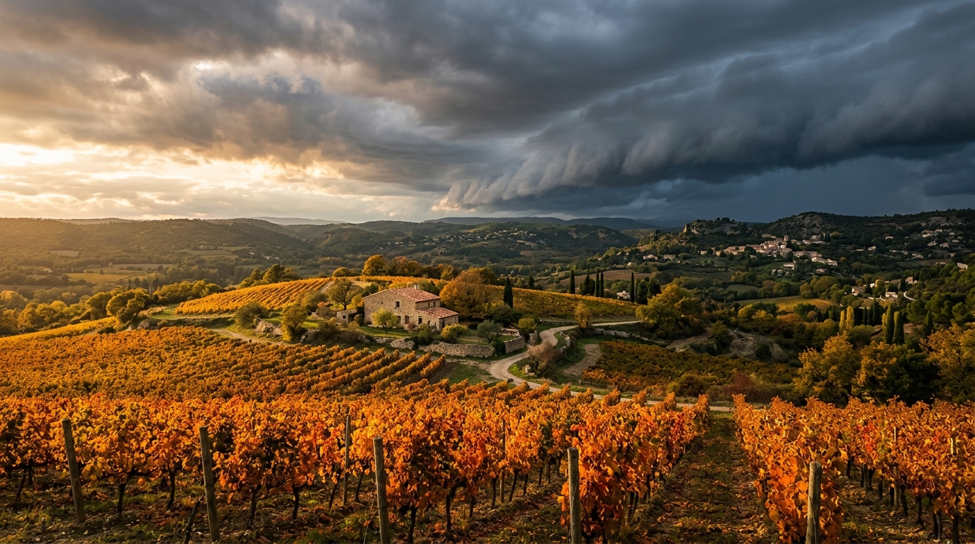 Ciel d'automne contrasté au-dessus d'un vignoble du sud