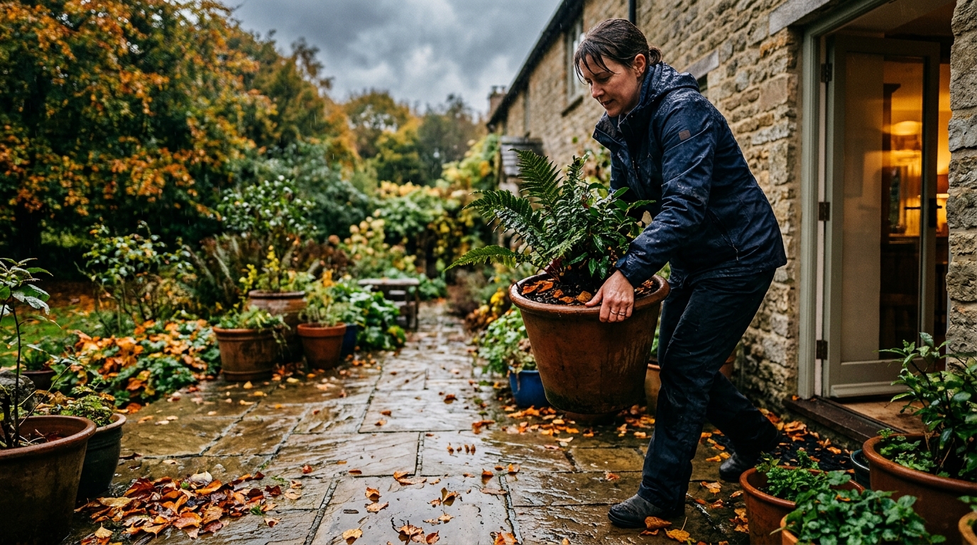 Mains rentrant des pots en terre cuite sous la pluie