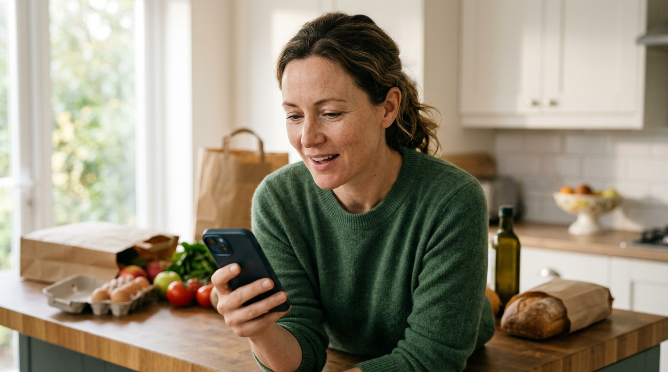 Femme soulagée tenant son téléphone dans sa cuisine