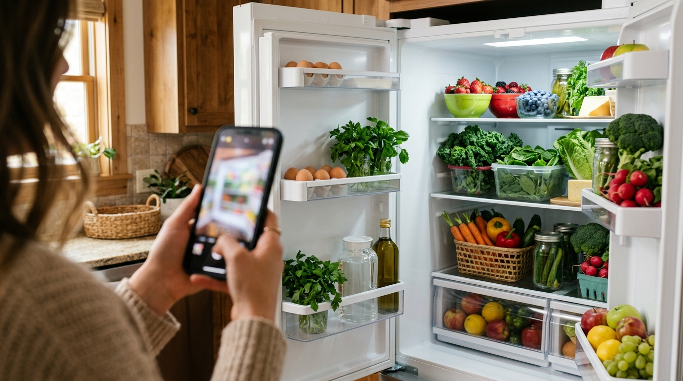 Frigo ouvert bien rangé et smartphone en main