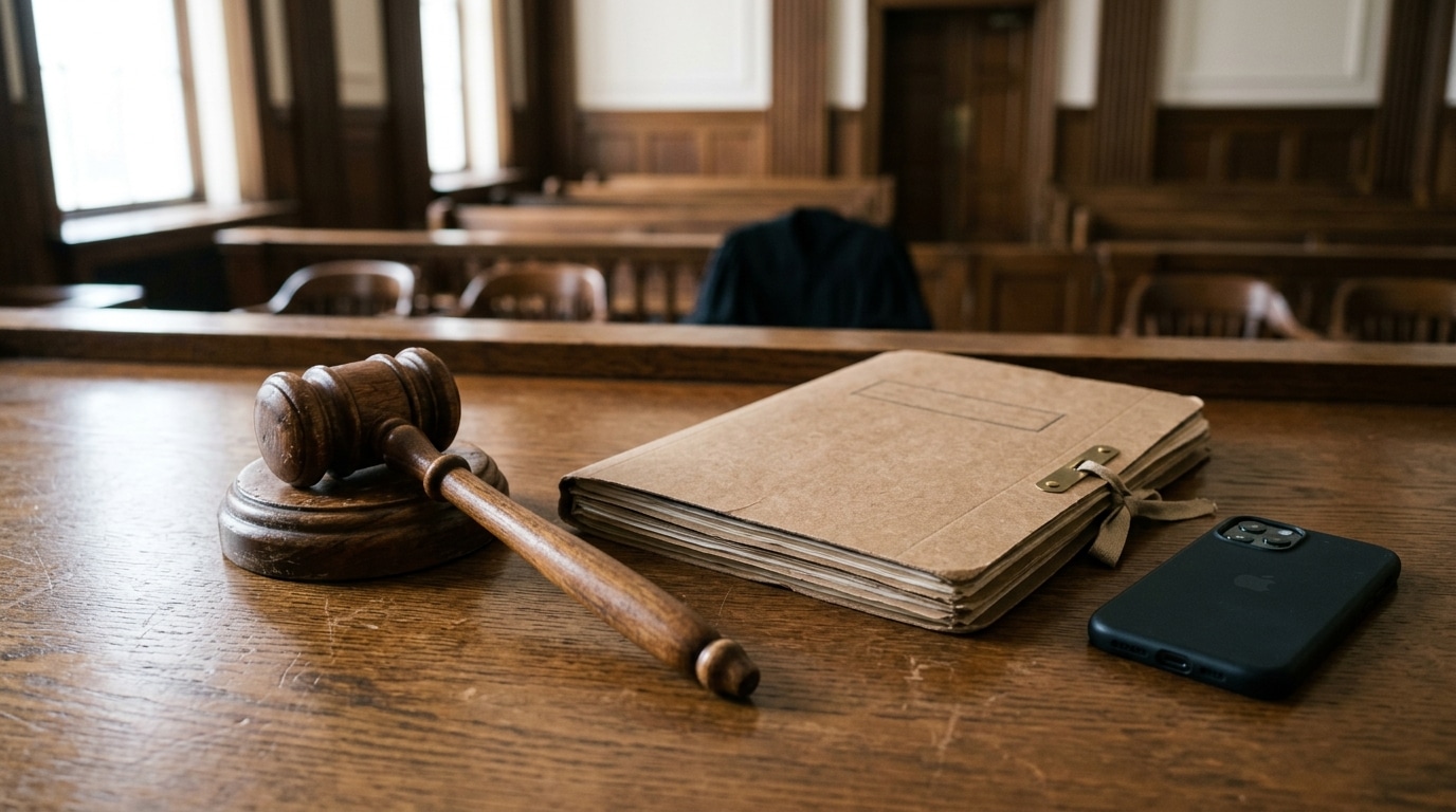 Marteau de juge, dossier fermé et smartphone posés sur un bureau de tribunal