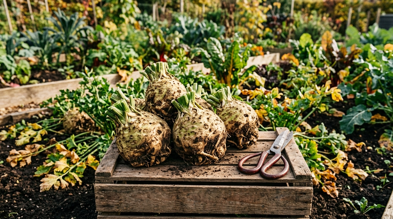 Céleris-raves récoltés dans une caisse près de ciseaux de jardin