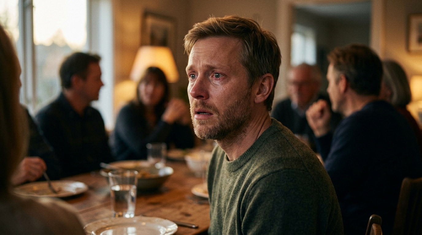 Visage bouleversé autour d'une table de famille au crépuscule
