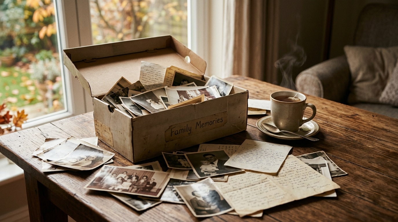 Vieilles photos de famille et lettres sur une table en bois