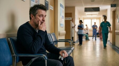 Parent bouleversé dans un couloir d'hôpital