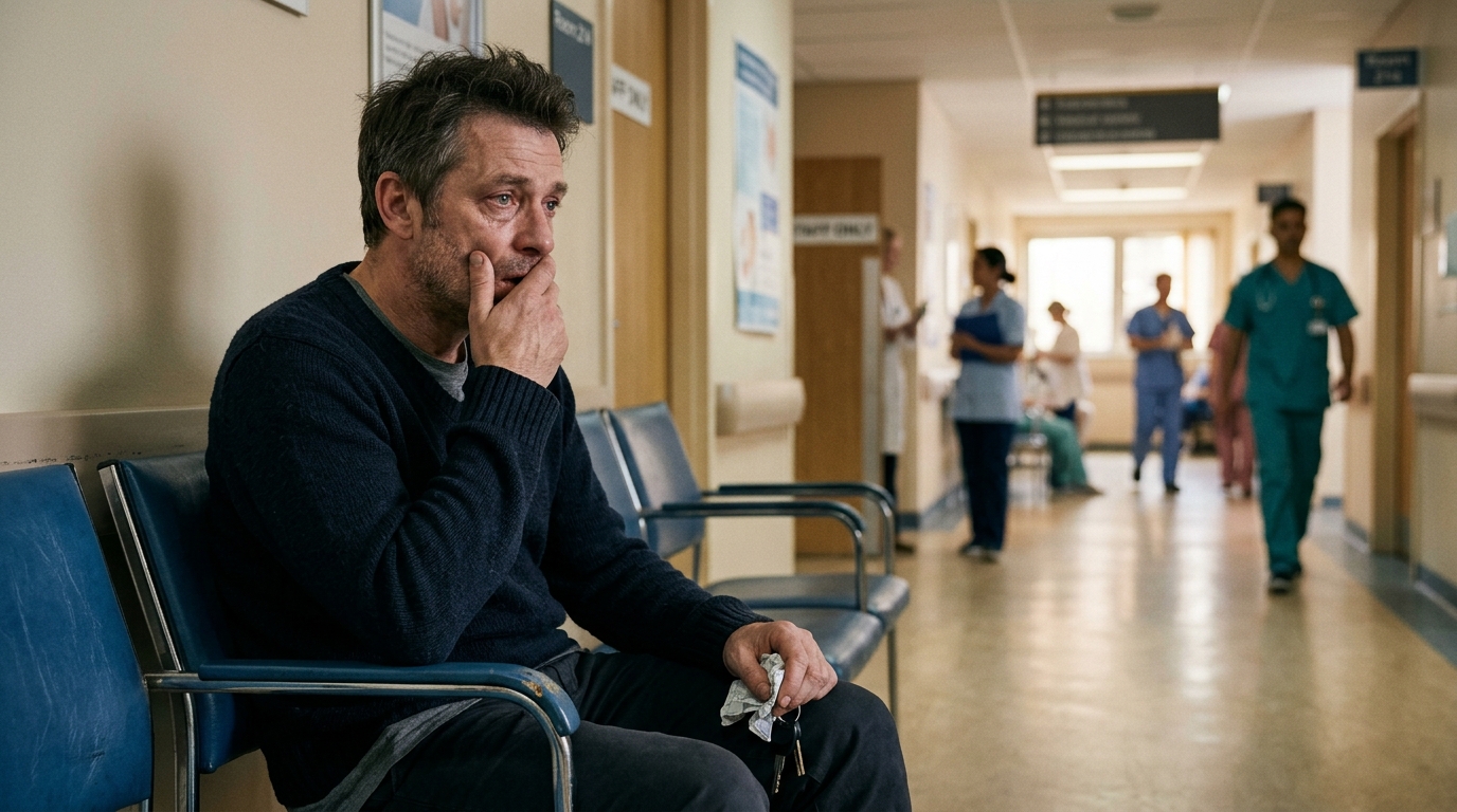 Parent bouleversé dans un couloir d'hôpital