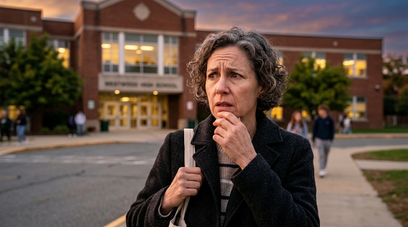 Adulte inquiet devant un lycée au crépuscule