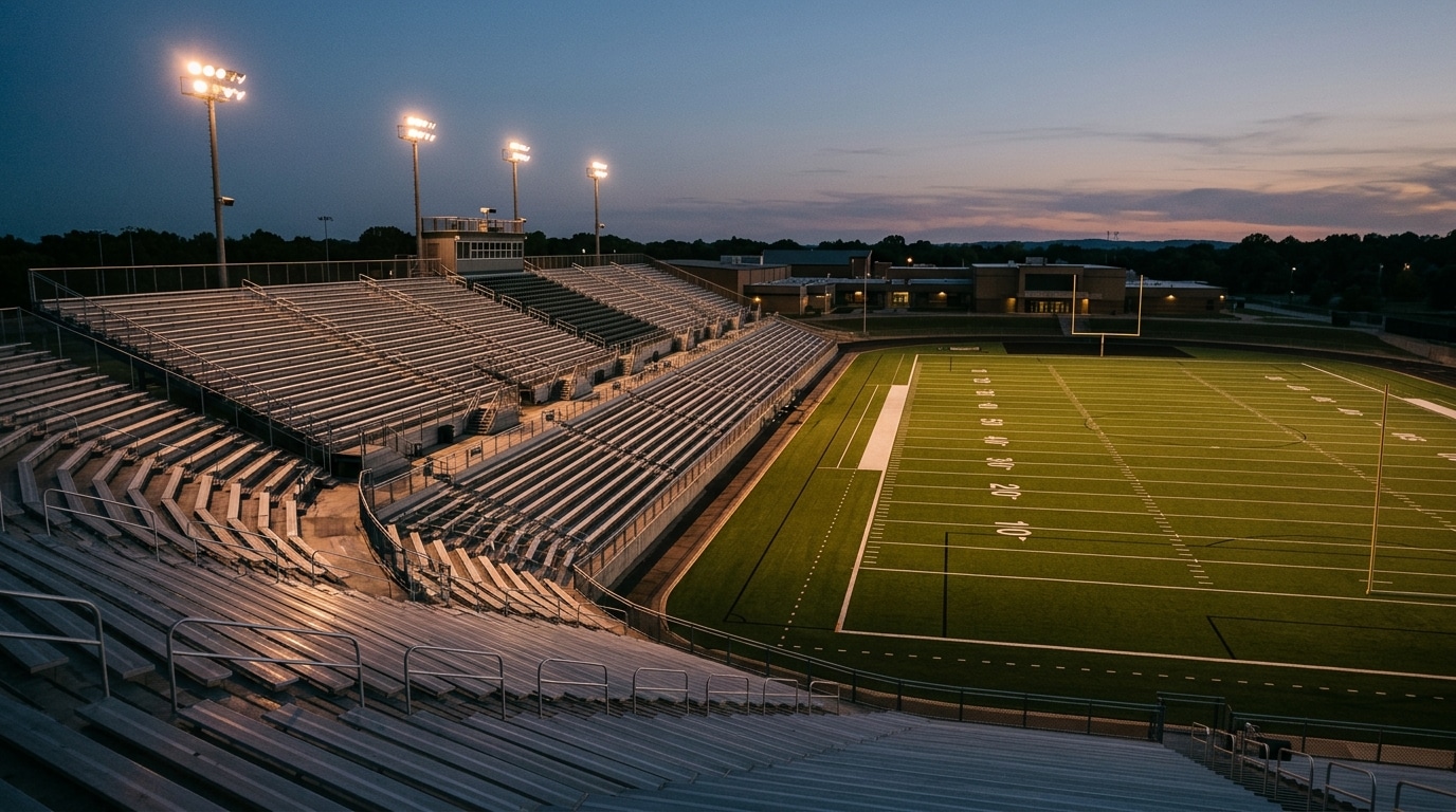 Gradins vides d'un stade de football américain le soir