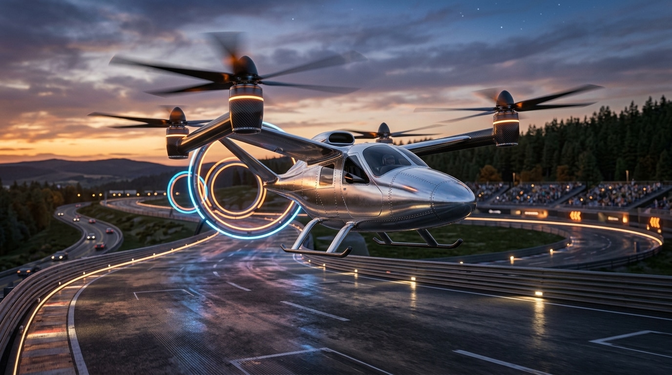 Appareil volant électrique argenté en vol au-dessus d'un circuit au crépuscule