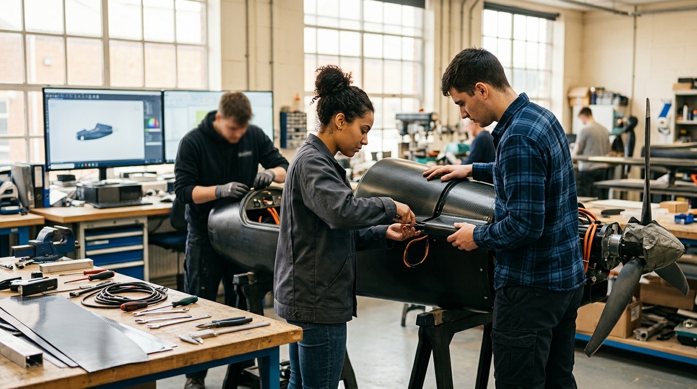 Étudiants en ingénierie autour d'un prototype d'aéronef électrique en atelier
