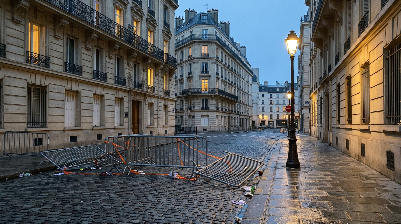 Rue parisienne déserte au crépuscule après une manifestation
