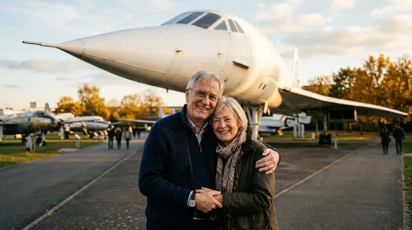 Couple devant le nez pointu d'un Concorde au musée
