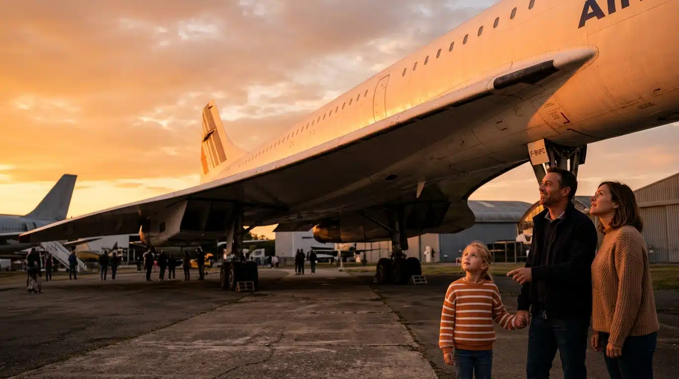 Famille admirant l'aile delta du Concorde à Toulouse