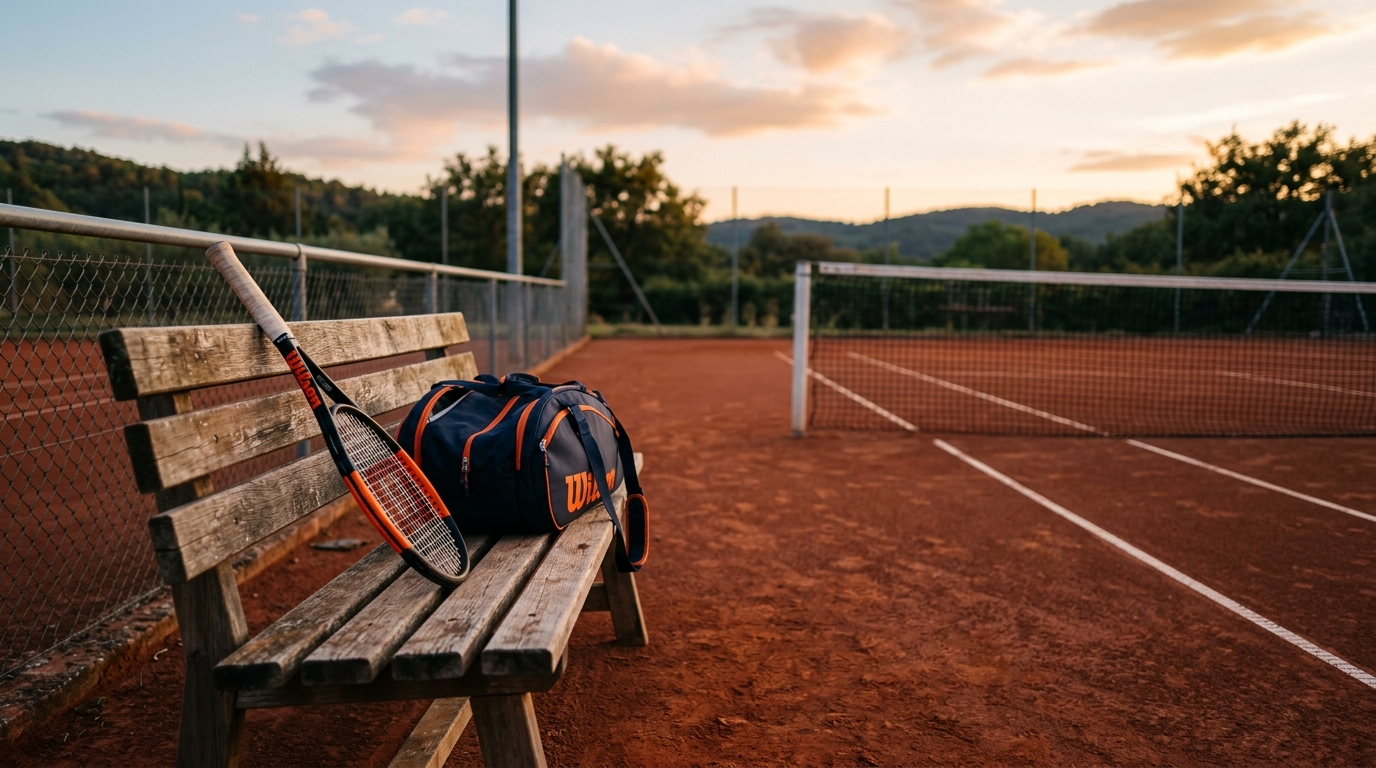 Raquette de tennis posée sur un banc au crépuscule