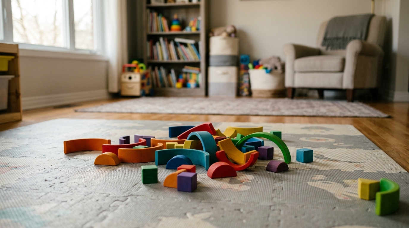 Blocs en bois colorés éparpillés sur un tapis de jeu