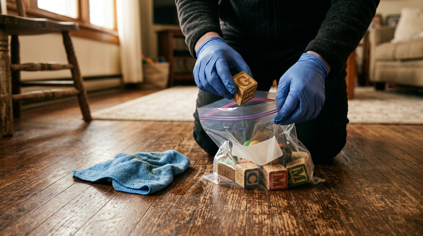 Mains gantées glissant un bloc dans un sac plastique épais