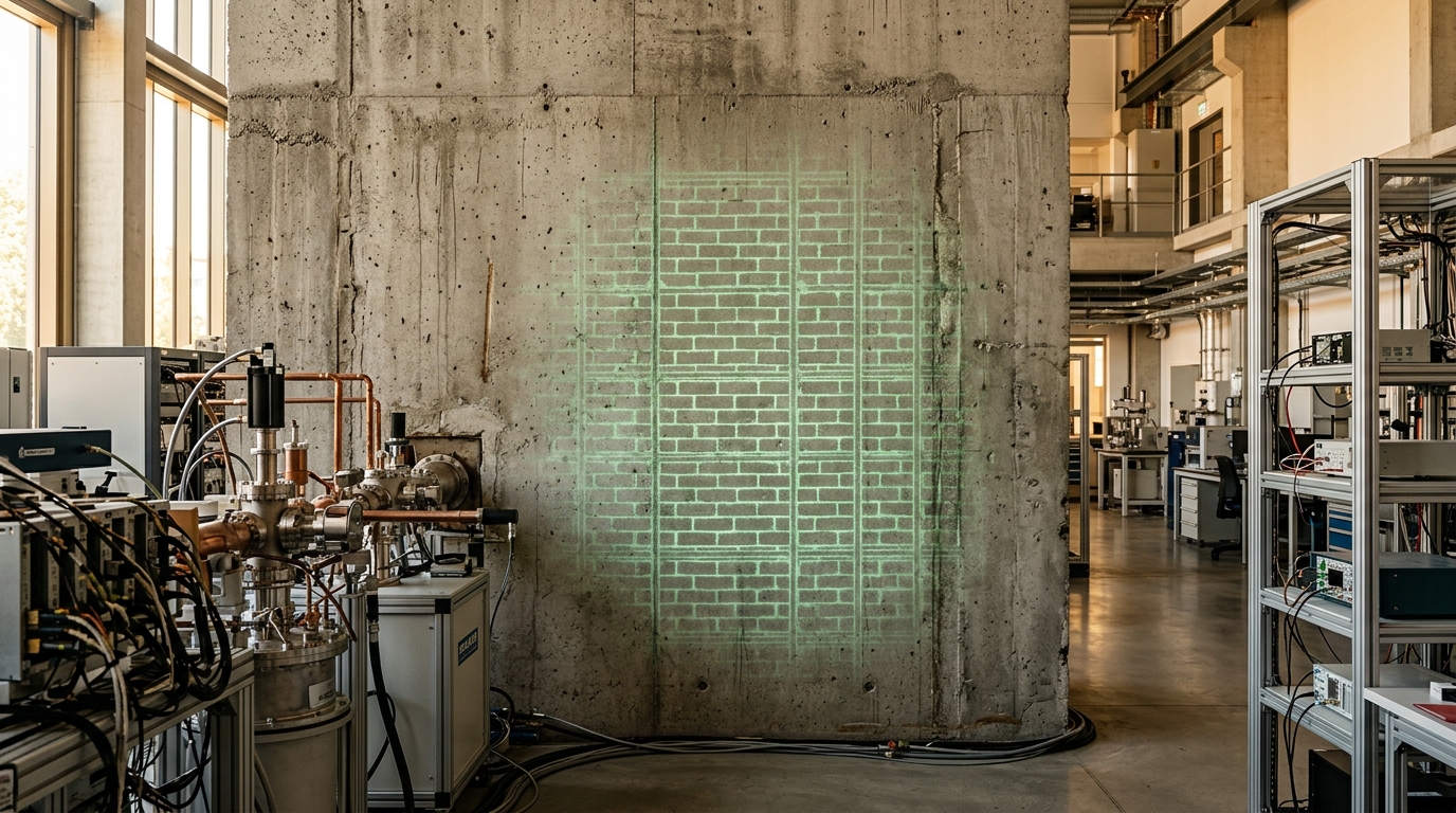 Mur de béton laissant deviner des briques lumineuses