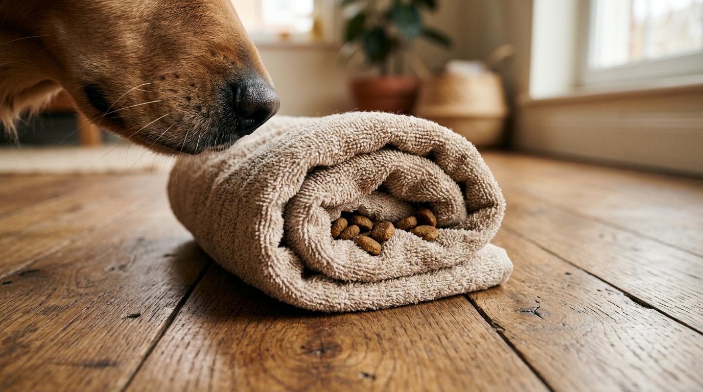 Serviette roulée avec croquettes cachées et museau de chien