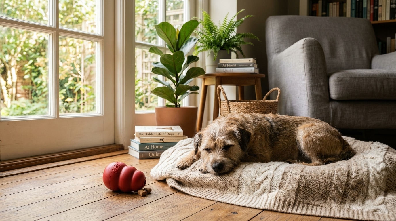 Chien paisible sur une couverture près d'une fenêtre ensoleillée