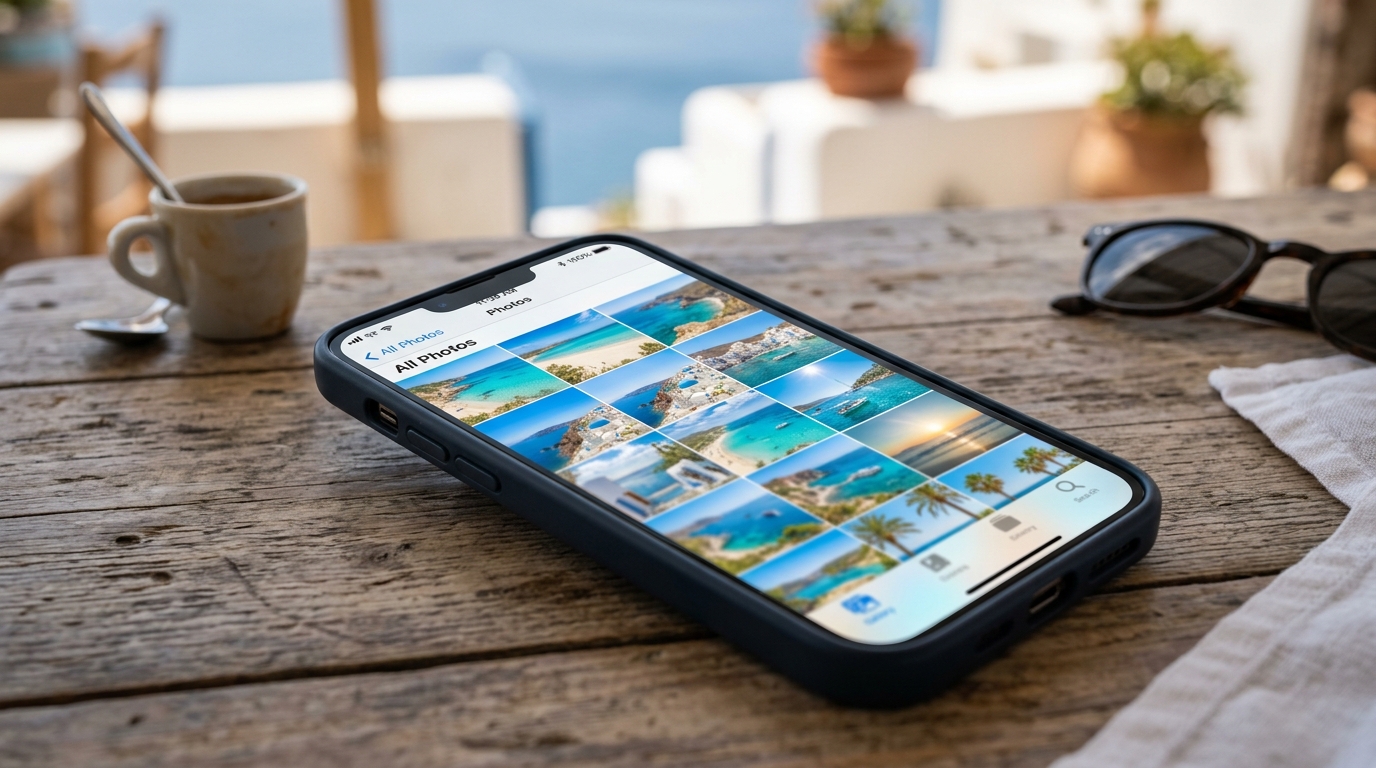Écran de smartphone affichant des photos de plages de vacances