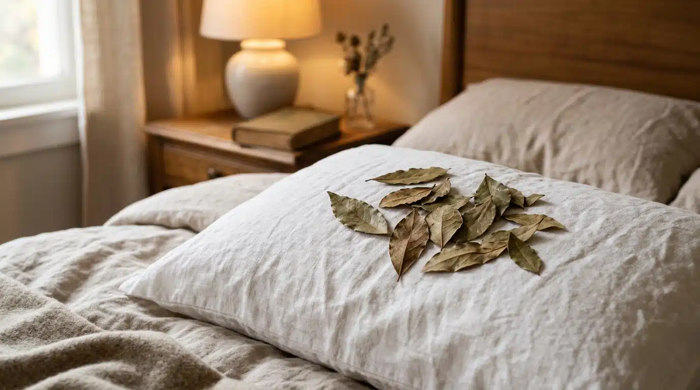 Feuilles de laurier séchées sur une taie d'oreiller blanche