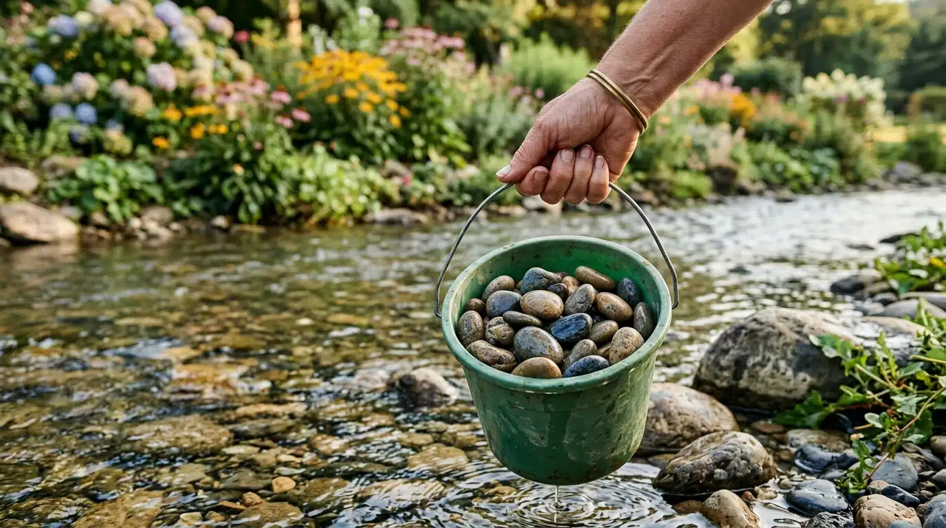 Seau de galets ronds au bord d'une rivière
