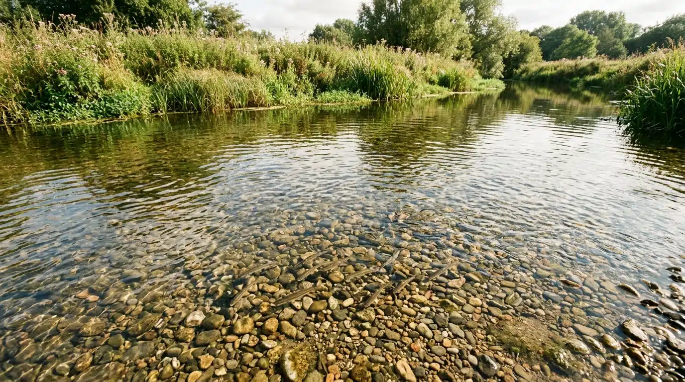 Poissons au-dessus d'un lit de galets en eau claire