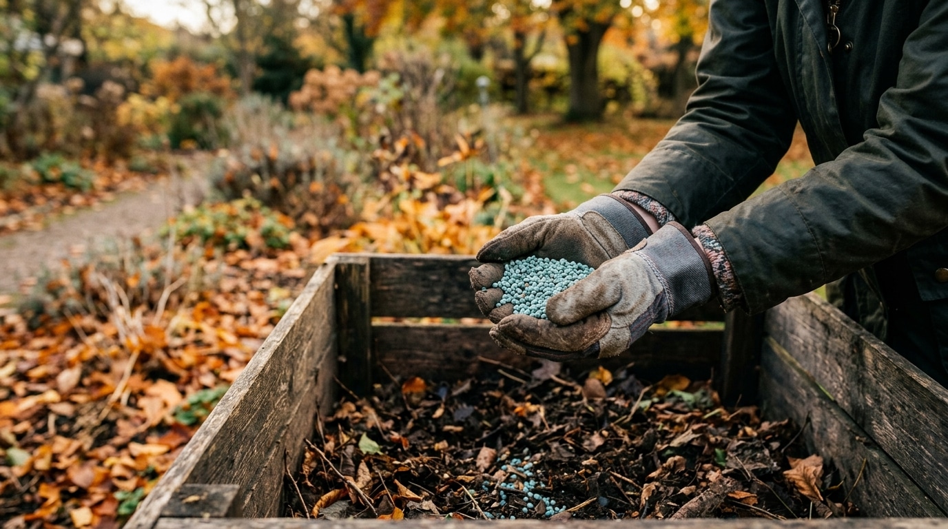 Mains gantées tenant des granulés au-dessus d'un bac à compost