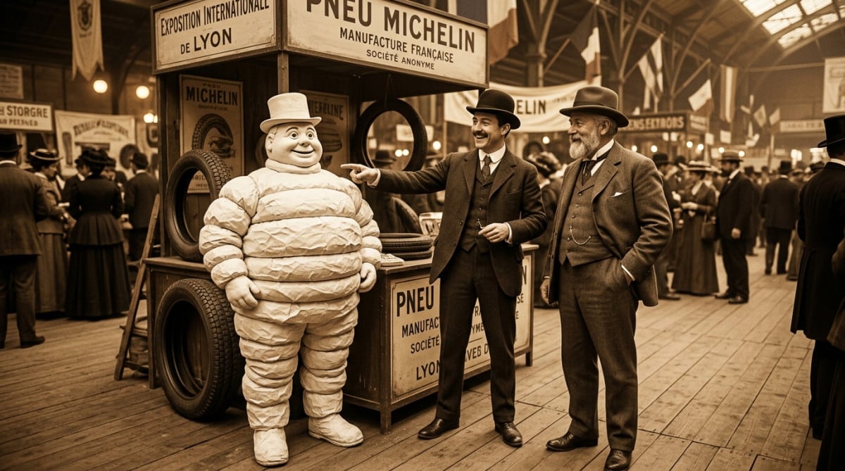 Des hommes devant une pile de pneus recouverte de papier blanc