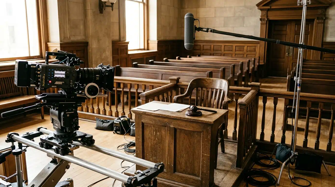 Caméra de cinéma face à une barre de tribunal factice