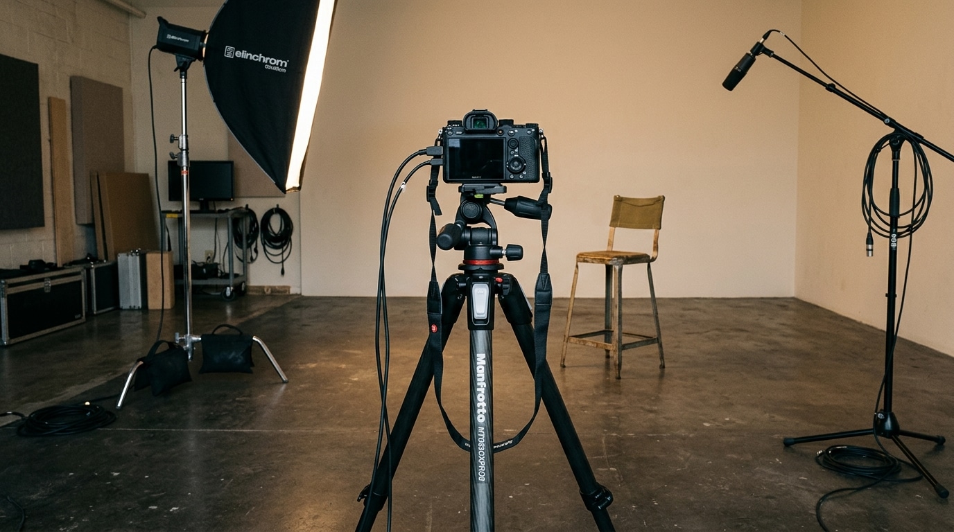 Studio photo vide avec appareil sur trépied et micro