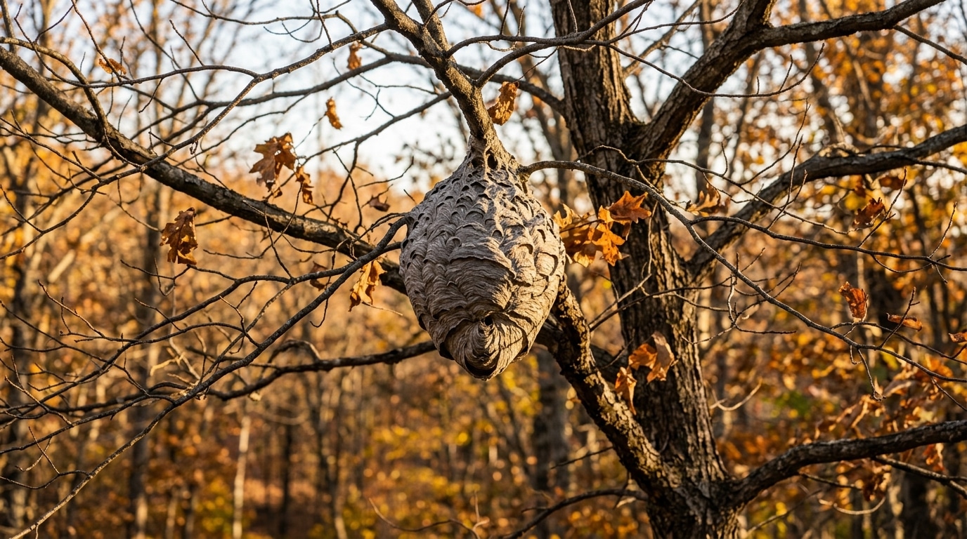 Nid gris suspendu dans un arbre dénudé à l'automne