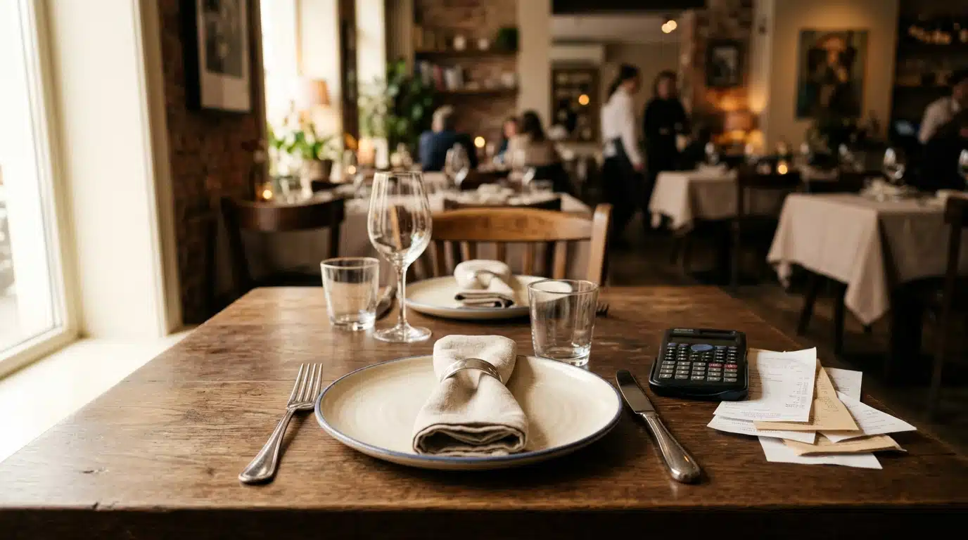 Table dressée dans un restaurant vide avec calculatrice