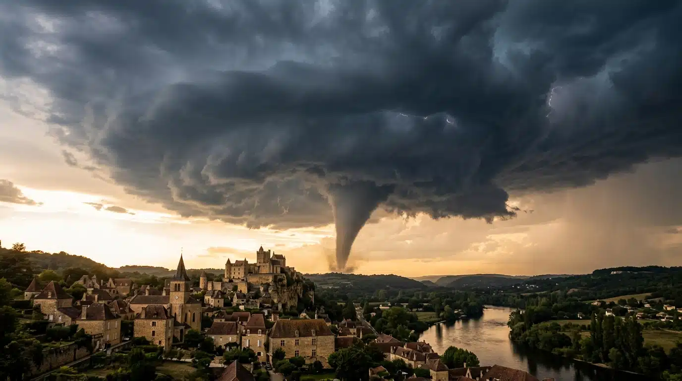 Nuage d'orage sombre avec colonne de vent au-dessus d'une ville