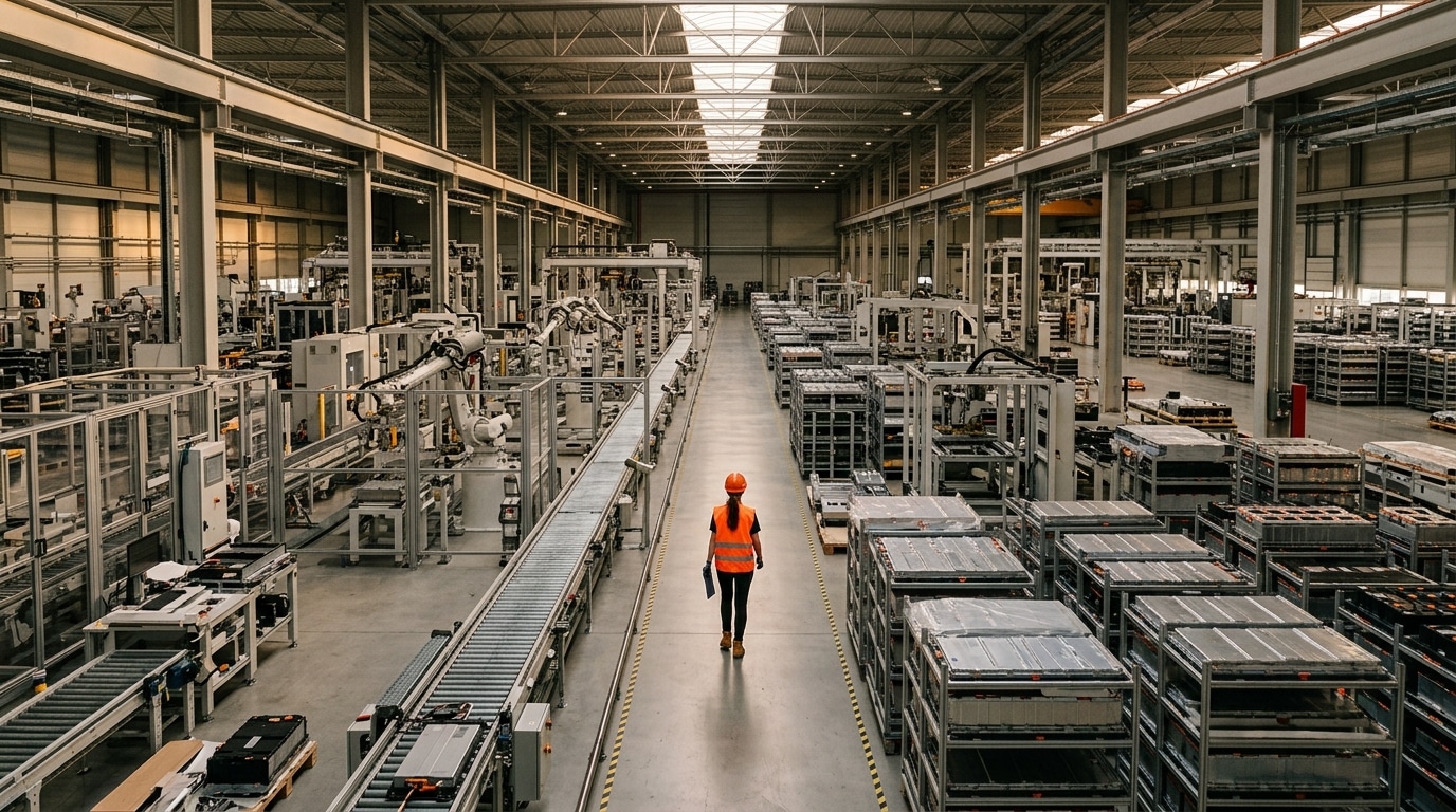 Usine de batteries presque vide aux chaînes à l'arrêt