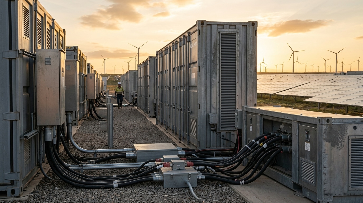 Conteneurs de stockage d'énergie près de panneaux solaires