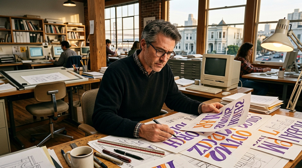 Designer travaillant sur des maquettes de logo dans les années 1990
