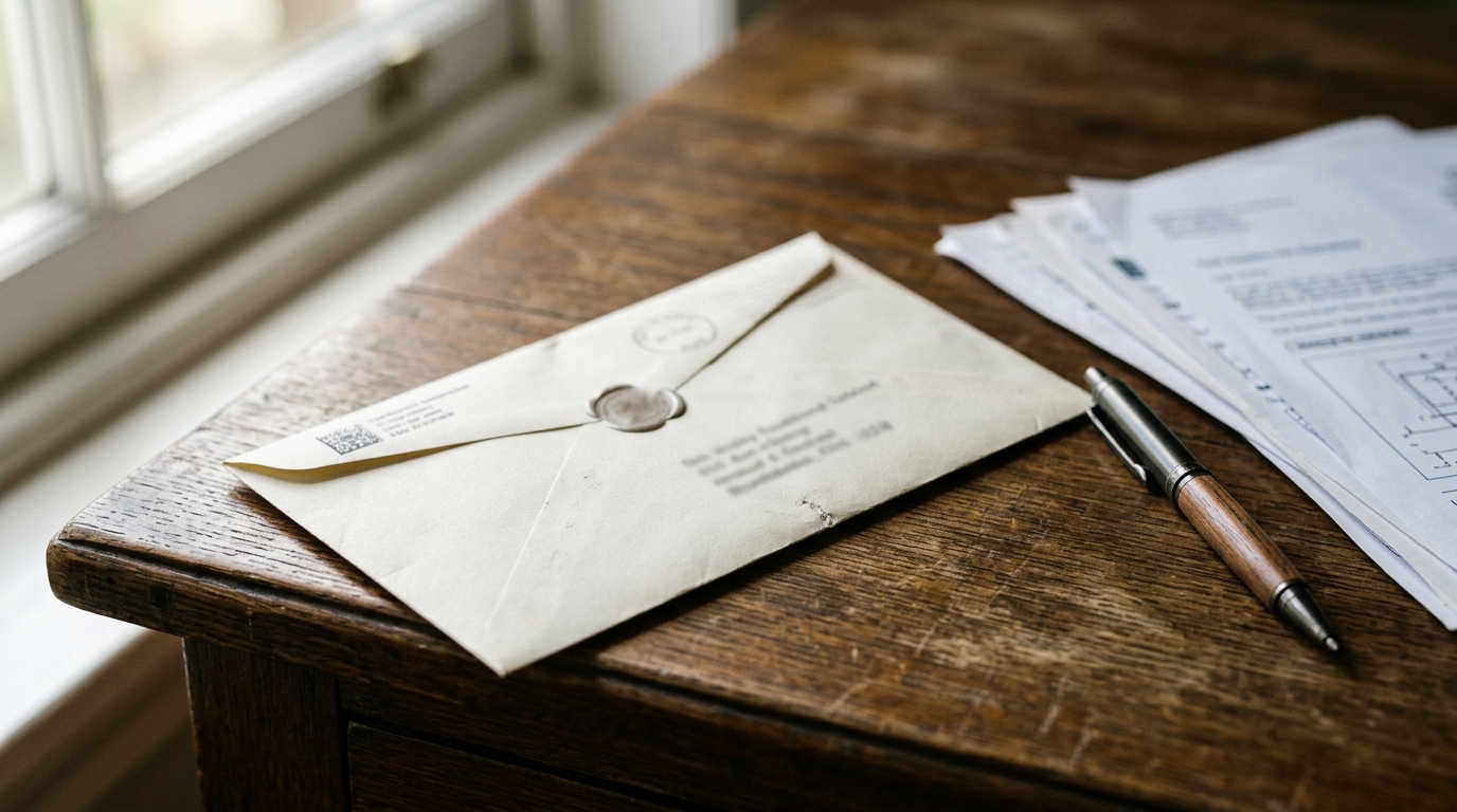 Enveloppe et papiers posés sur un bureau en bois