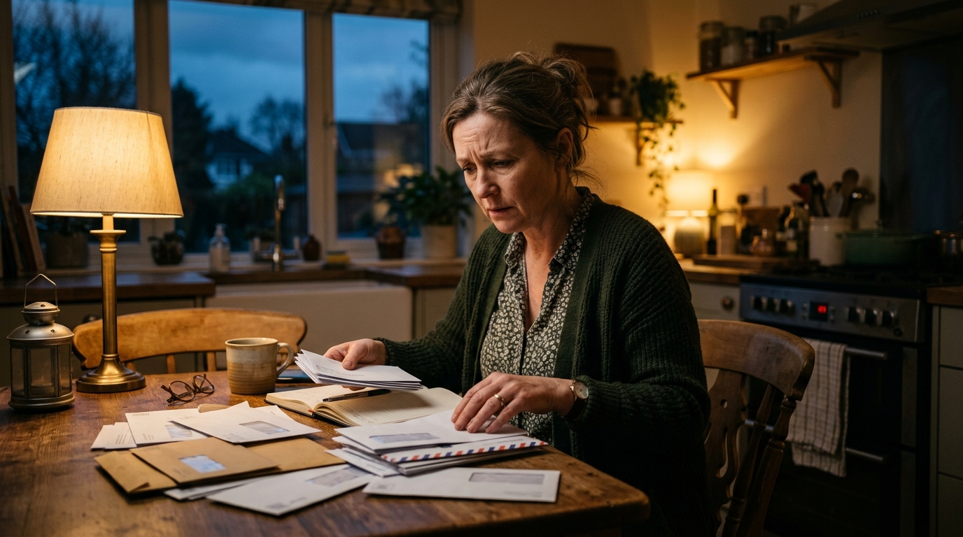 Femme inquiète triant des courriers et factures sur une table